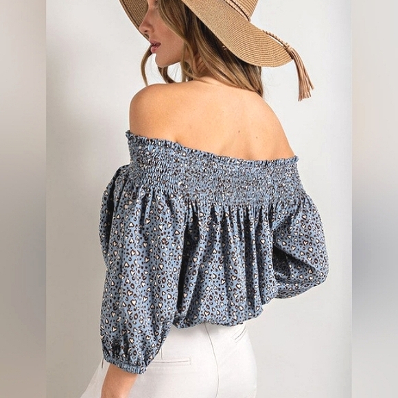 EE:SOME Smocked Leopard Heart Off Shoulder Puff Sleeve Top NWT - Picture 3 of 12